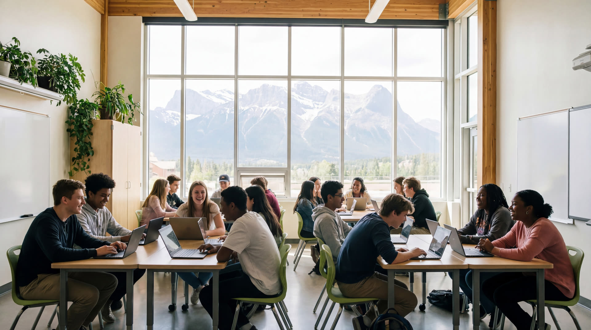 Diverse Colorado students collaborating on AI projects in a bright classroom