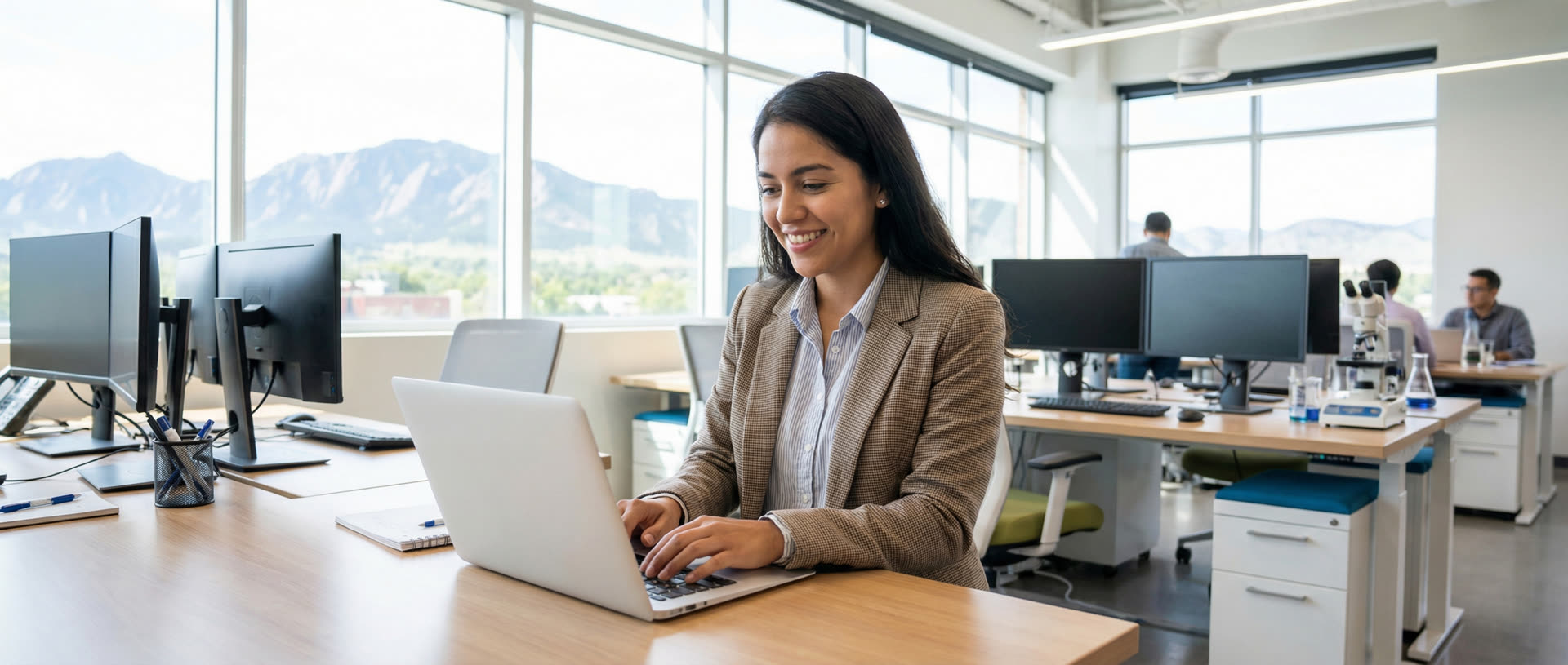 Student in a professional internship setting, applying AI literacy in the workplace